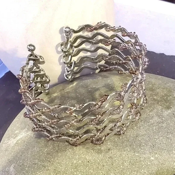 Vintage 90s Y2K Silver Pink Beaded Wire Wrap Detail Cuff Bracelet - Picture 2 of 12